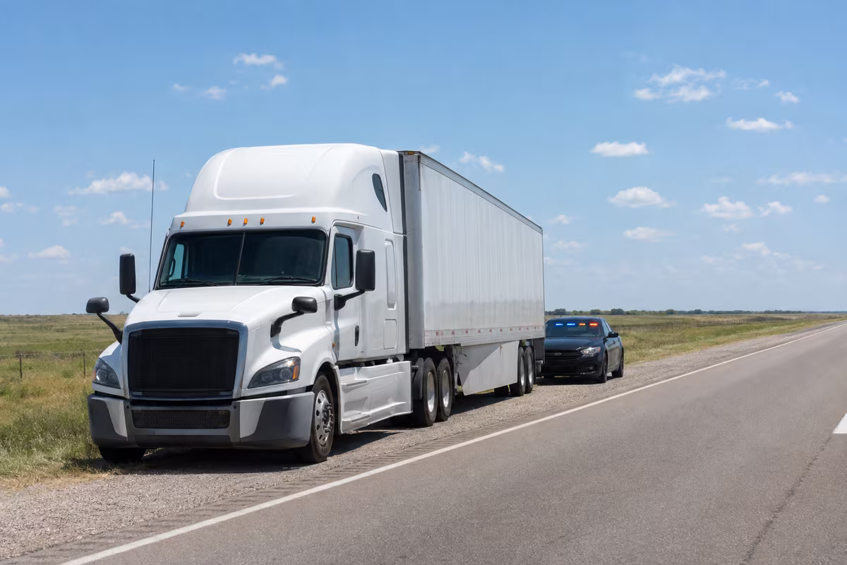 A white semi truck stopped on the shoulder of a flat Texas highway with a dark sedan behind it, its dashboard light bar on.