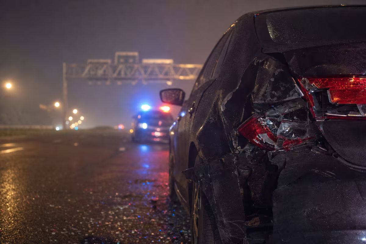 Rear of a sedan with a crushed quarter panel and broken taillight on a wet interstate shoulder at night, police lights behind it.