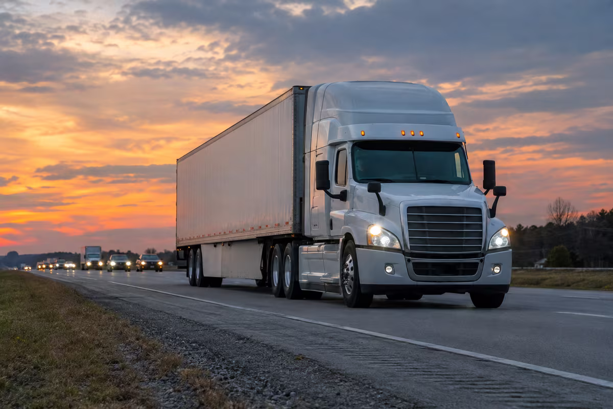 A white semi truck with a plain trailer on an interstate highway at dusk.