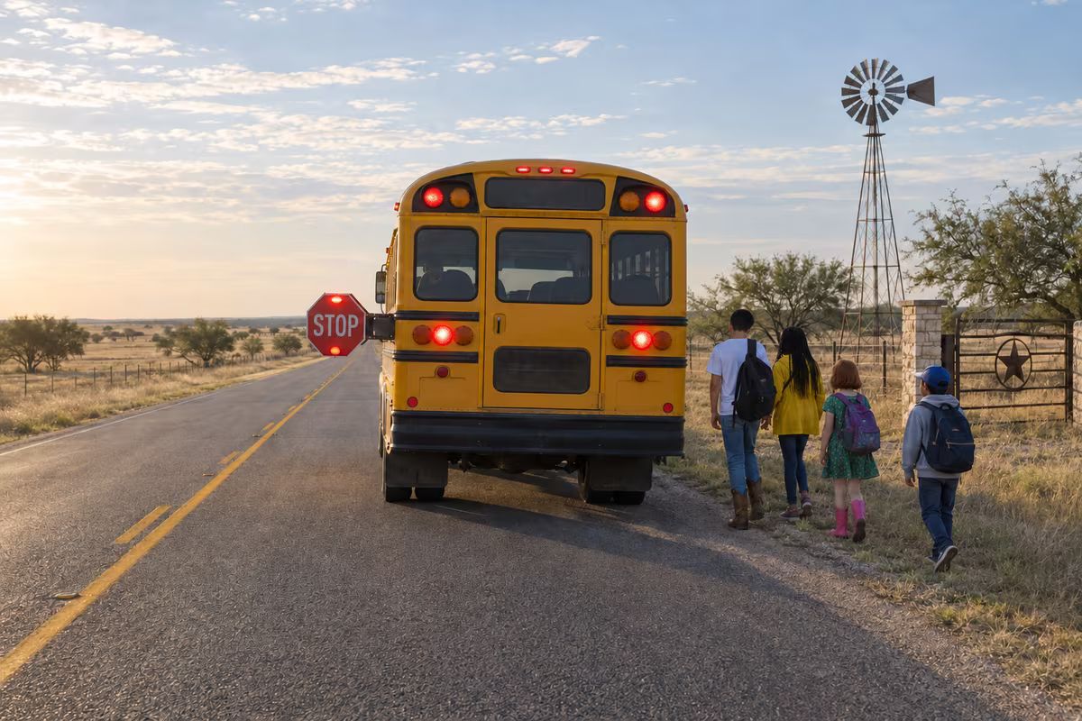 Four children walk along the shoulder of a Texas ranch road beside a stopped school bus with its stop arm out and red lights flashing