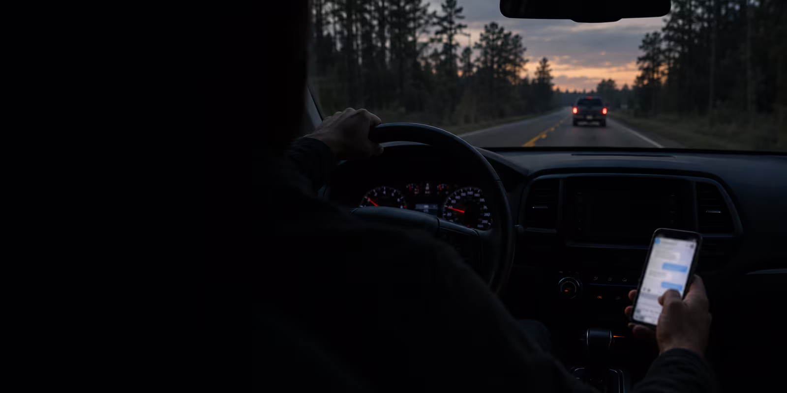 A driver holding a smartphone in one hand and the steering wheel in the other on a two-lane Louisiana highway at dusk