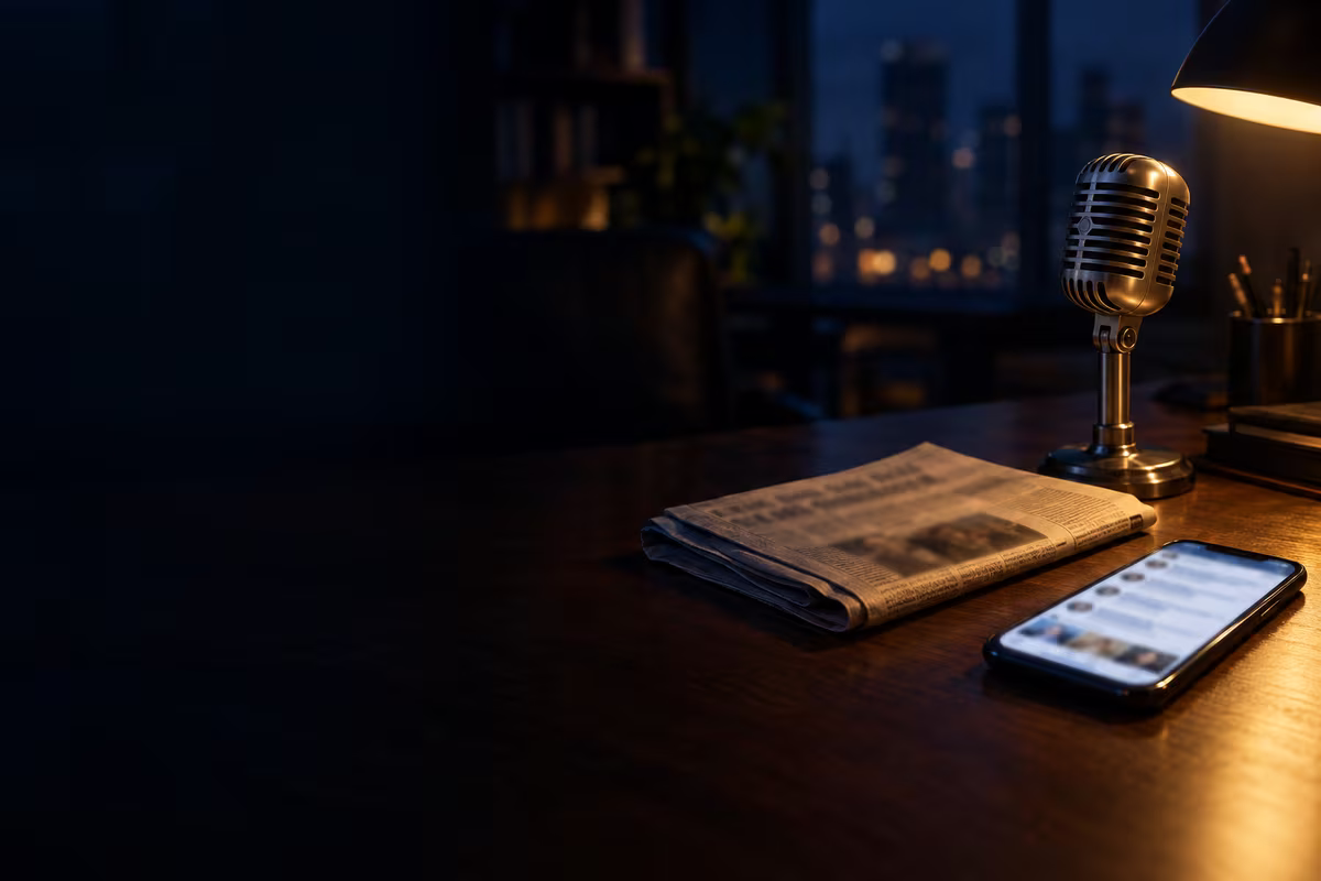 A folded newspaper, a smartphone showing a social media feed and a vintage microphone on a desk lit by a lamp at night