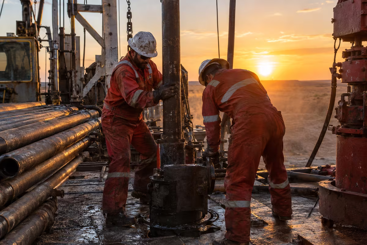 Two oilfield workers in hard hats and coveralls on a drilling rig floor at sunset.