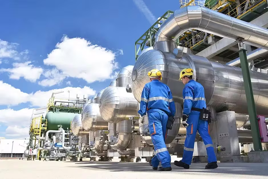 Workers at an industrial plant processing crude oil