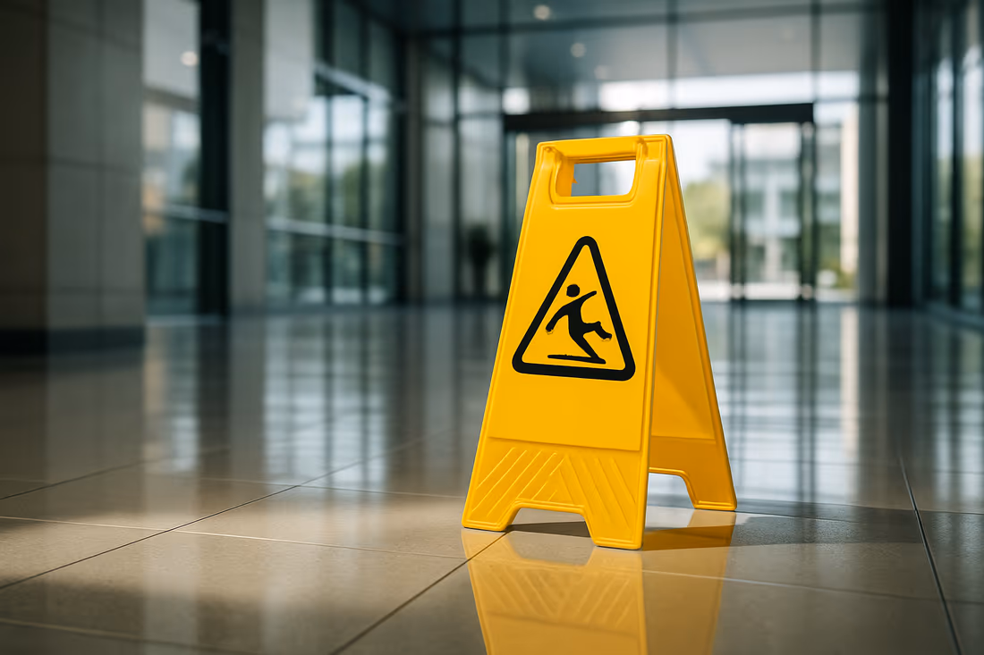 Wet-floor caution sign on a tiled floor